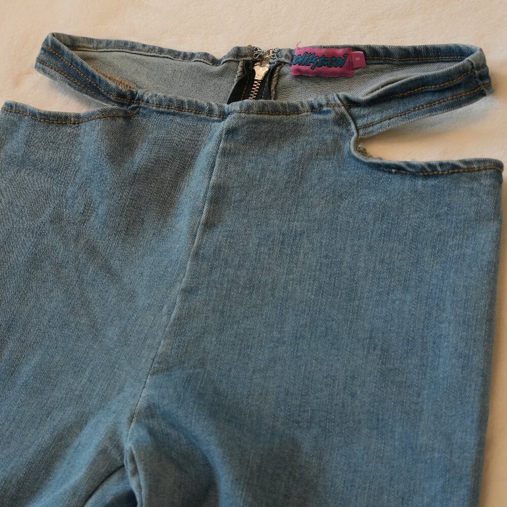 Edikted: Kira Cut-Out Flared Jeans in Blue - Size Small